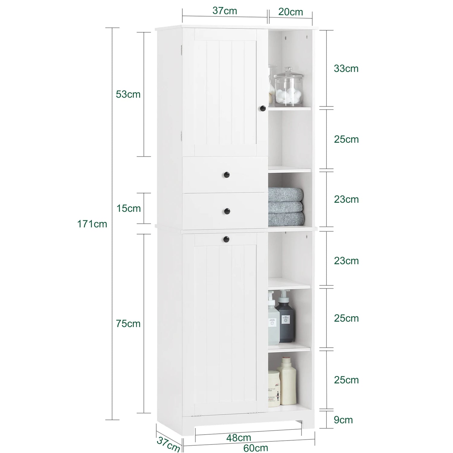 Détail du rangement avec porte et tiroir de l'armoire de salle de bain