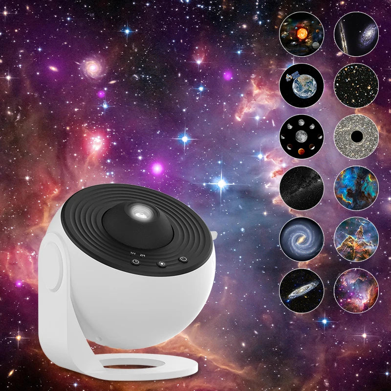 Projecteur galaxie veilleuse rotative 360° projetant des étoiles sur un mur bleu marine