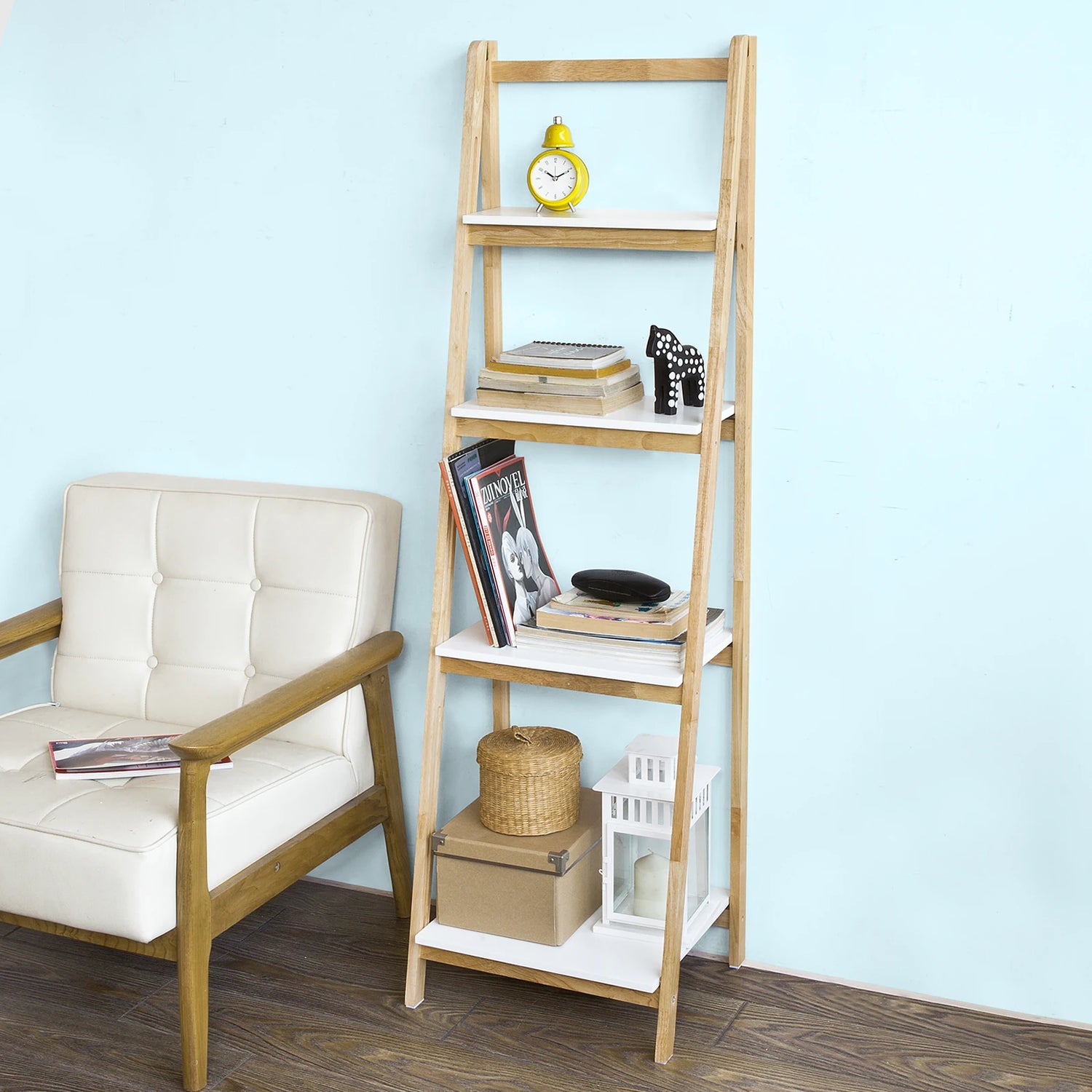 Étagère échelle pliable 4 étages en bois d'hévéa couleur café vue de face