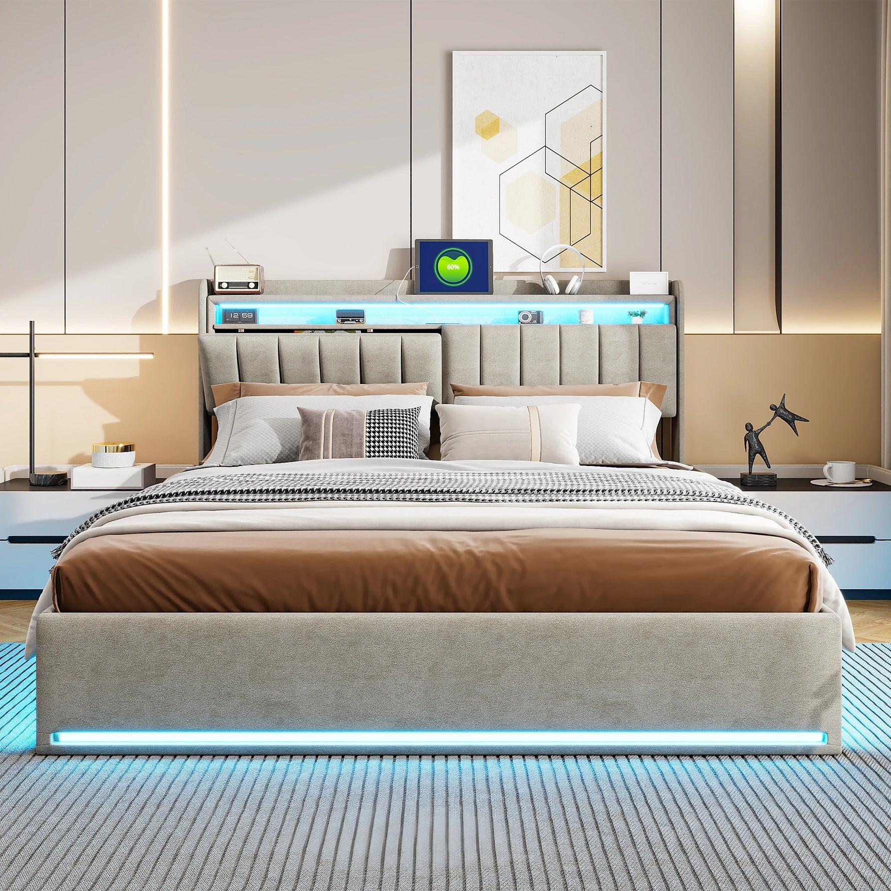 Lit double avec ambiance LED colorée dans une chambre moderne