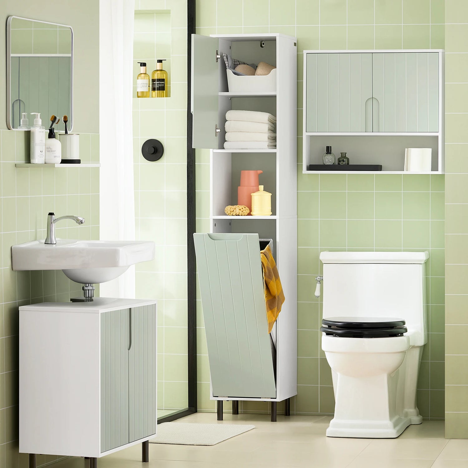 Meuble de salle de bain blanc vert 167x31x30cm portes fermées