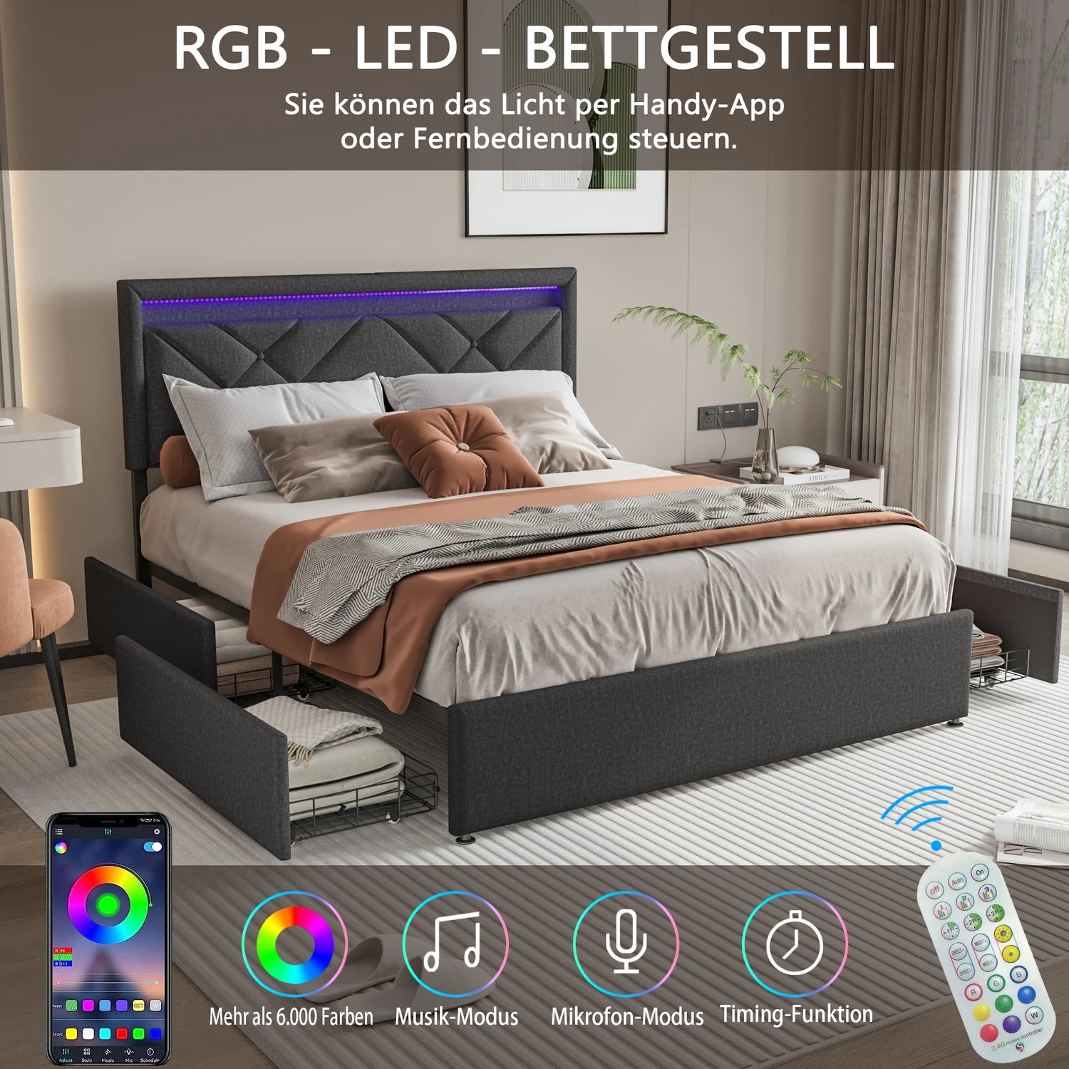 Détail des tiroirs de rangement intégrés sous le lit
