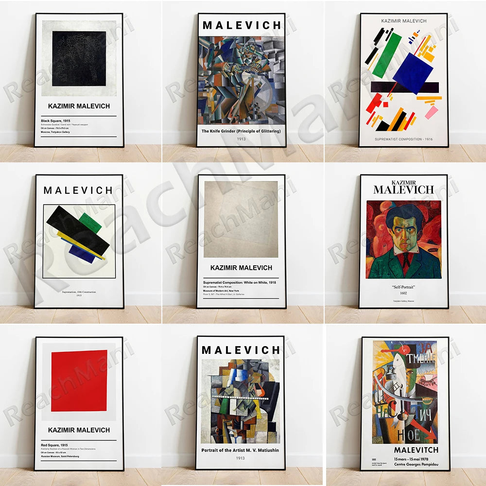 Cette image présente une collection d'affiches et d'œuvres d'art du peintre abstrait russe Kazimir Malevitch, mettant en valeur son style cubiste et suprématiste caractéristique.