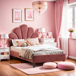 Lit enfant 90x200 avec tête de lit florale en velours rose vue de face