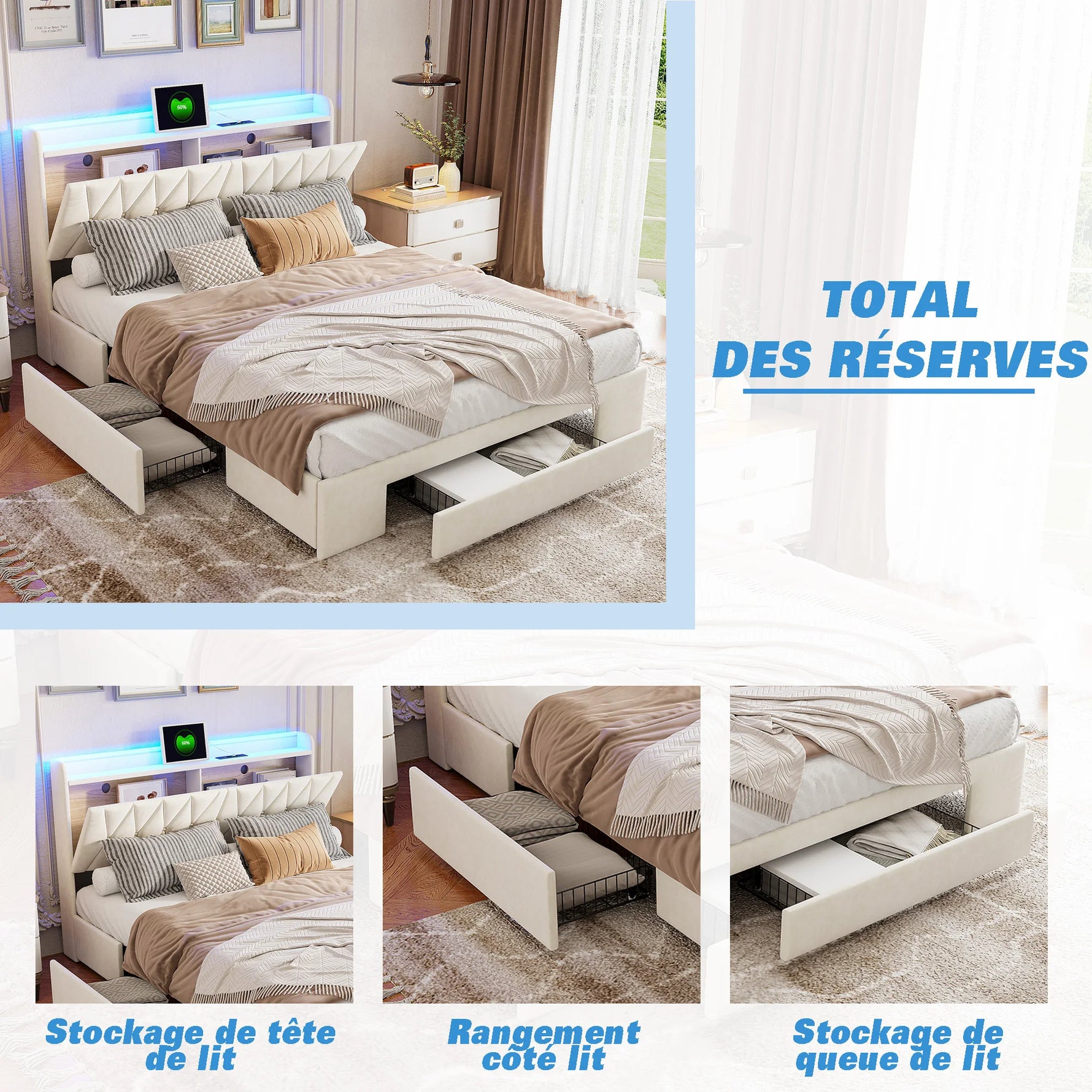 Vue des tiroirs de rangement intégrés sous le lit double