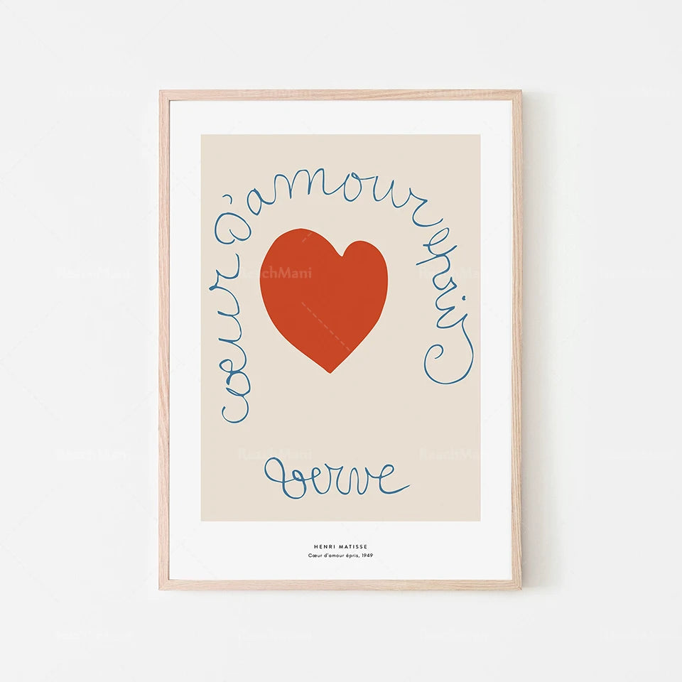 Affiche murale de style minimaliste avec un cœur rouge et du texte manuscrit en bleu affirmant "Cet amour dure toujours".