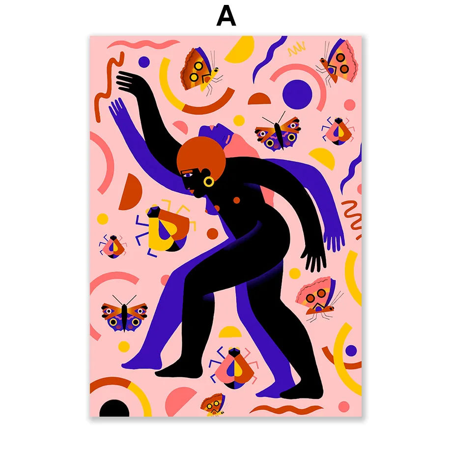 Une figure masculine stylisée danse sur un fond coloré rempli de formes géométriques et de papillons.