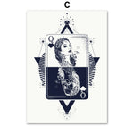 Cette image représente une illustration abstraite d'une femme aux cheveux ondulés, encadrée dans un motif géométrique orné de symboles mystiques.