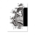 Une composition abstraite et monochromatique aux formes fluides et dynamiques, mêlant des éléments graphiques géométriques et des éclaboussures de couleur.