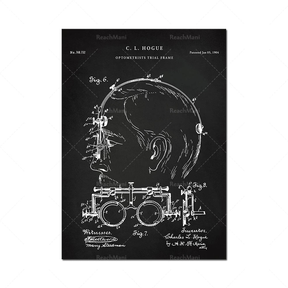 Cette image présente un brevet de 1904 pour un système de lunettes d'essai optométriques conçu par C. L. Hogue. Le brevet montre des schémas techniques détaillés du dispositif et comprend des annotations dans un style de conception technique.