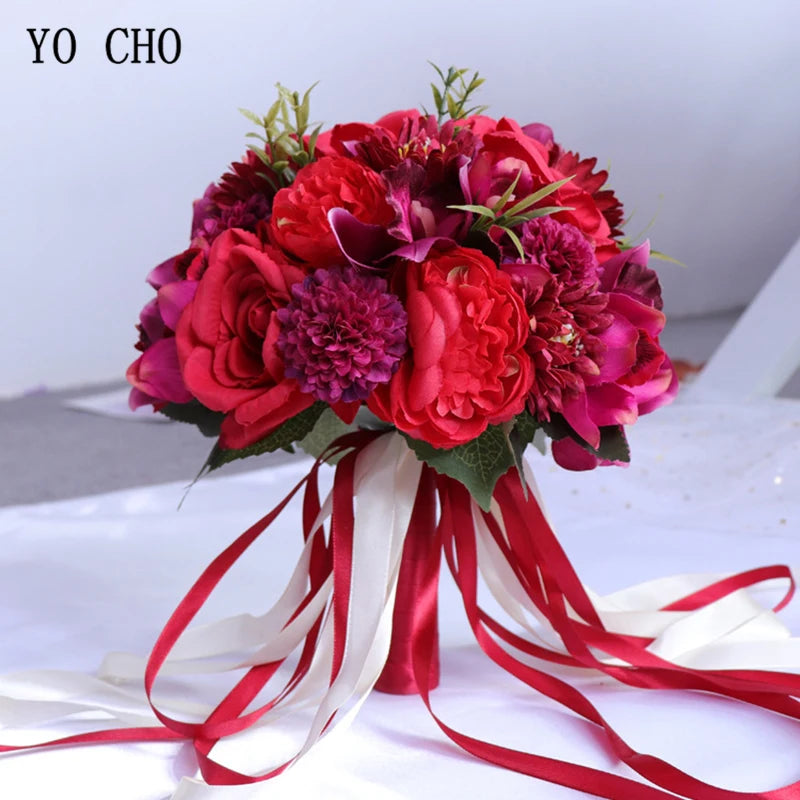 Bouquet de mariée rose foncé avec pivoines et orchidées
