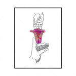 Illustration d'une main tenant une fleur stylisée aux couleurs vives.