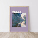 L'image montre l'œuvre "Matinée sur la Seine près de Giverny" de Claude Monet, une peinture à l'huile représentant une scène de nature paisible avec une rivière et des arbres verdoyants.