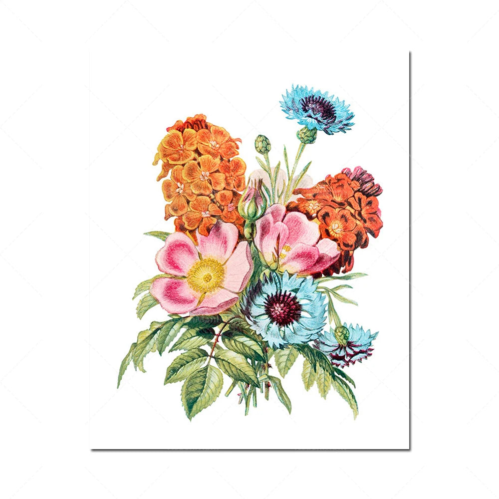 Un bouquet de fleurs colorées avec des pivoines roses, des chrysanthèmes bleus et oranges, et d'autres fleurs sur fond blanc.