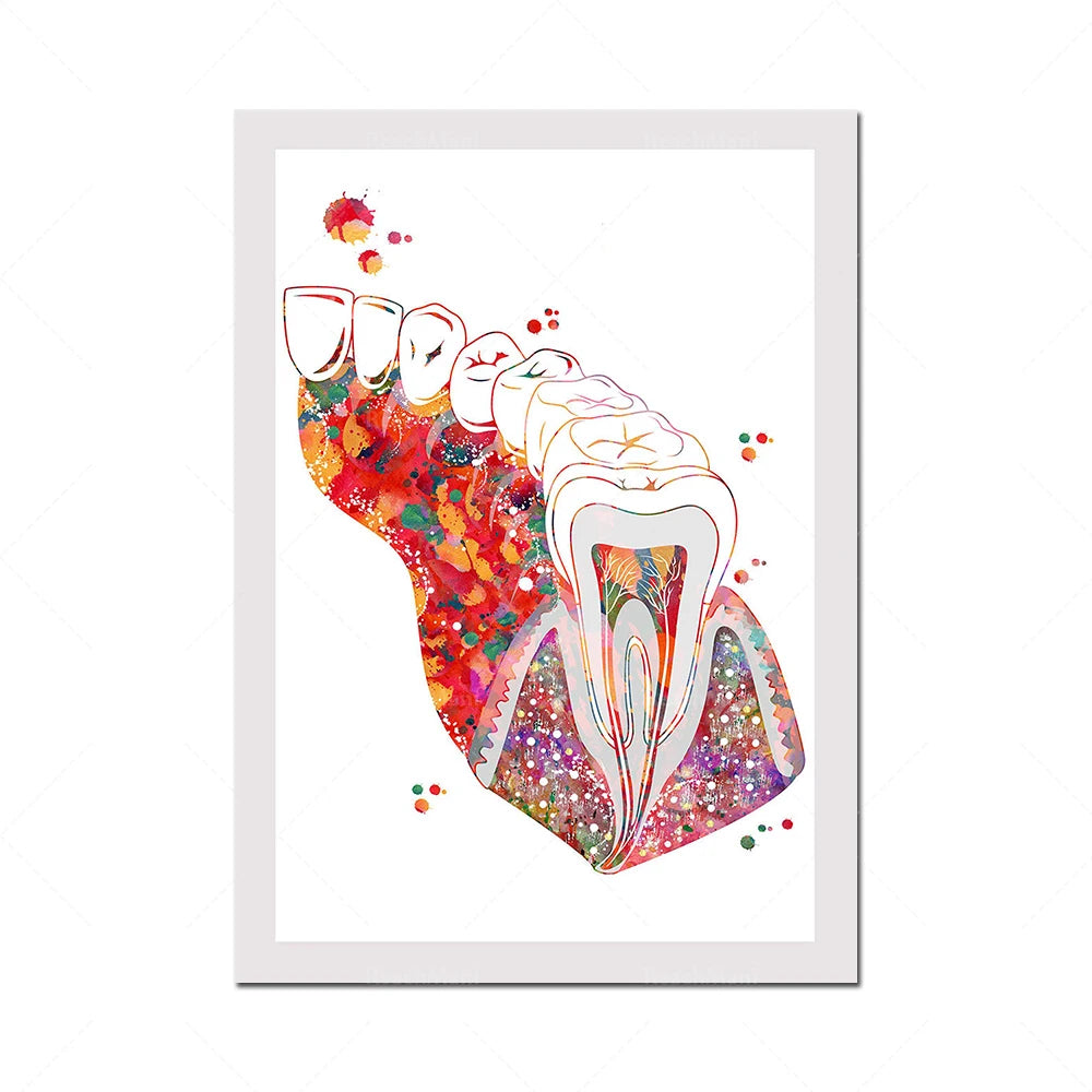 Une illustration colorée d'une dent anatomique avec des motifs floraux et des éclaboussures de peinture.