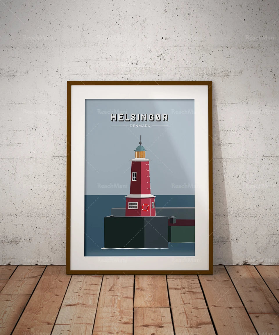 Une affiche colorée représentant un phare dans la ville de Helsingør, au Danemark.