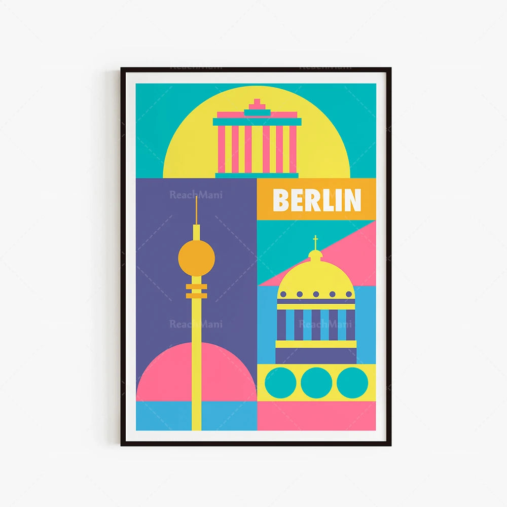 L'affiche colorée représente les principaux monuments emblématiques de Berlin, comme la colonne de la Victoire et le dôme du Reichstag, dans un style graphique géométrique et vibrante.