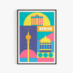 L'affiche colorée représente les principaux monuments emblématiques de Berlin, comme la colonne de la Victoire et le dôme du Reichstag, dans un style graphique géométrique et vibrante.