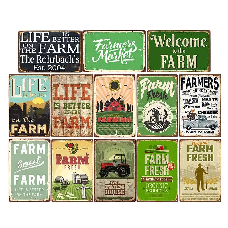 Plaque métallique vintage décor ferme fraîche 20x30 cm vue de face