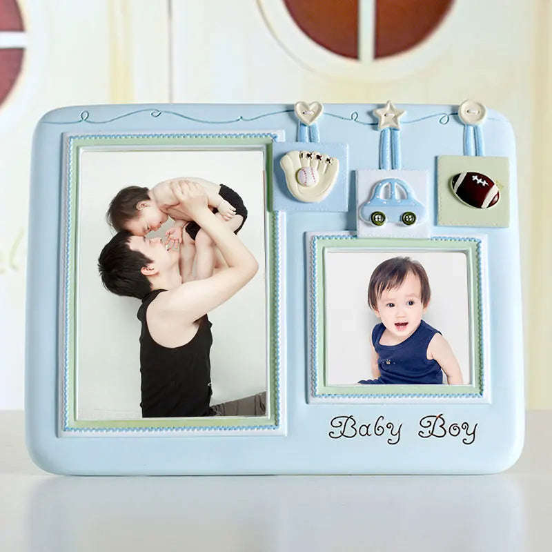 Cadre photo bébé résine bleu avec motif voiture