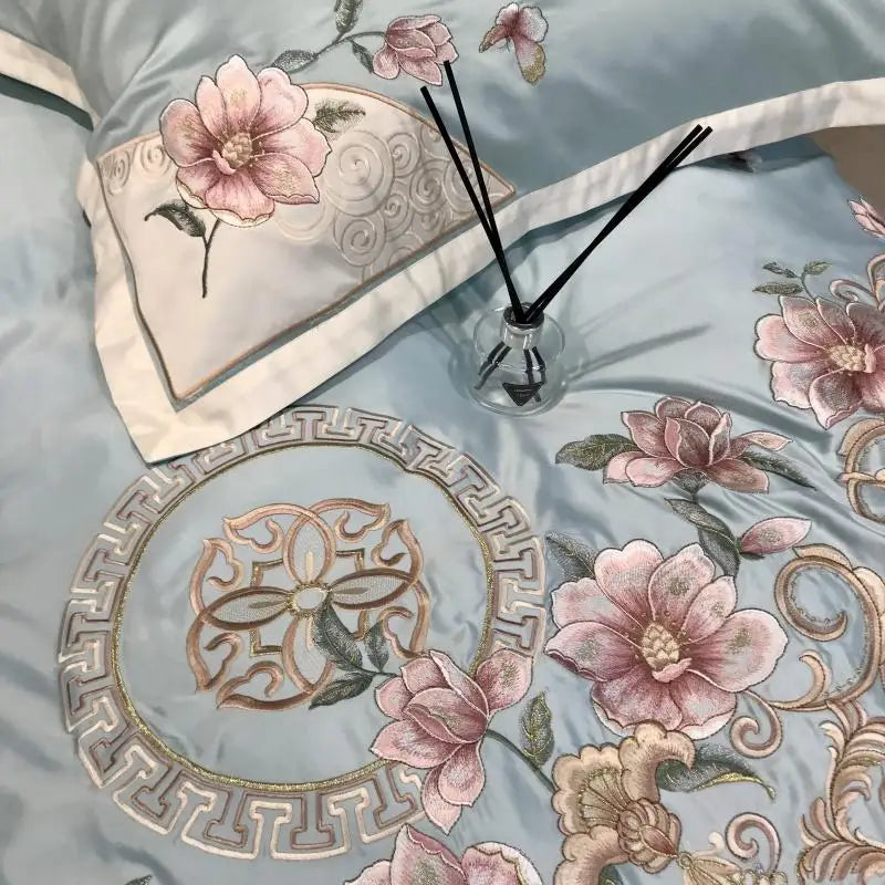 Drap plat satin coton brodé fleurs pour chambre