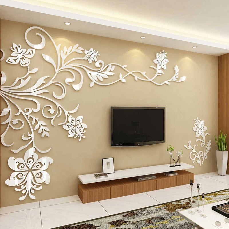 Sticker mural en acrylique miroir avec motif floral pour salon