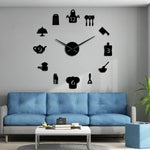 Horloge murale géante 100 cm design ustensiles cuisine or