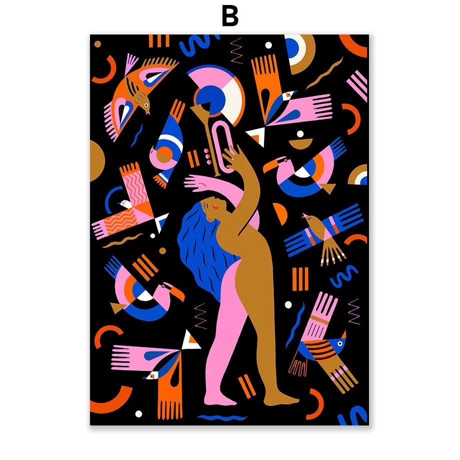 Une composition abstraite aux formes géométriques colorées, représentant une figure humaine sur un fond noir.