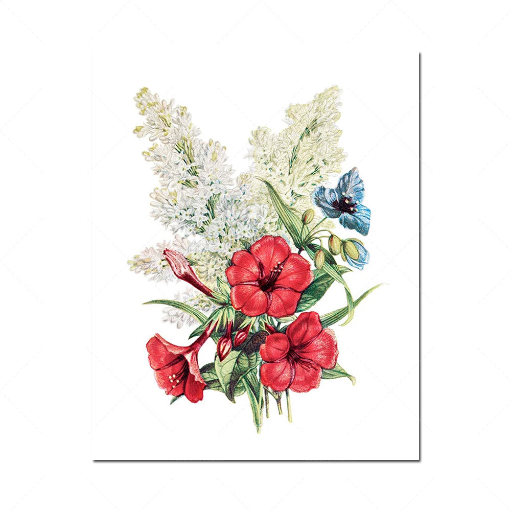 Bouquet floral composé de fleurs blanches et rouges épanouies, avec des feuilles vertes.