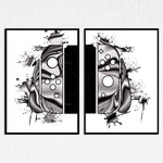 Deux images monochromes avec un motif abstrait et des formes géométriques évoquant des manettes de jeu vidéo, créant une composition graphique dynamique et énergique.