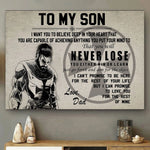 Affiche inspirante adressée à un fils, l'encourageant à croire en ses capacités, à ne jamais abandonner et à se souvenir de l'amour inconditionnel de son père.