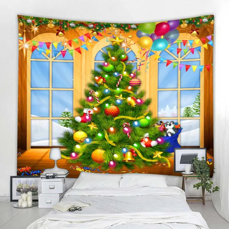 Vue de côté de la tapisserie murale festive accrochée au mur