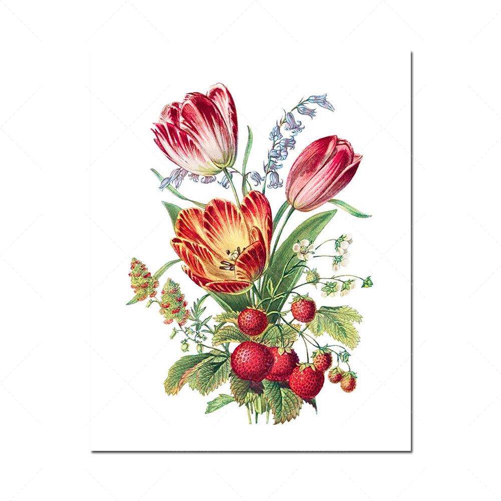 Un bouquet de tulipes rouges et jaunes entouré de petites fraises mûres sur un fond blanc.