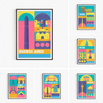 Paysages urbains colorés et stylisés de diverses villes du monde, notamment Buenos Aires, Rome, Miami, Paris, San Francisco et Berlin, illustrés dans un style graphique et géométrique.