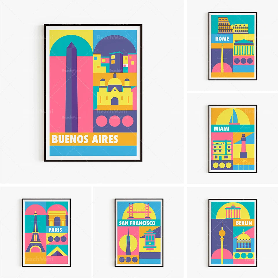 Une collection d'affiches de voyage colorées et géométriques représentant différentes villes du monde, dont Buenos Aires, Rome, Miami, Paris, San Francisco et Berlin.