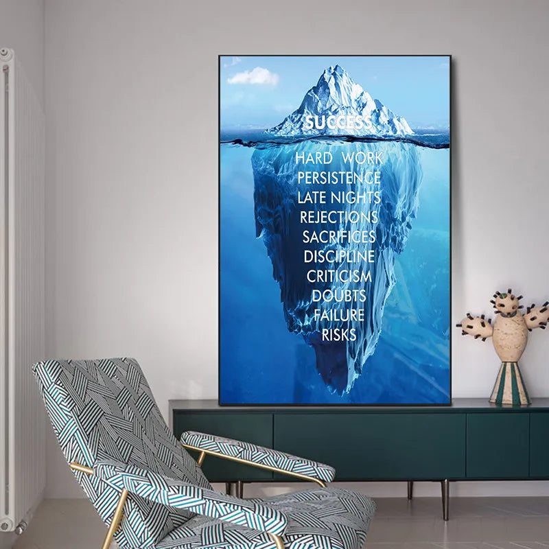 L'image représente un iceberg avec le sommet émergeant de la surface de l'eau, symbolisant les éléments nécessaires pour atteindre le succès, notamment le travail acharné, la persévérance, la discipline et la gestion des défis.