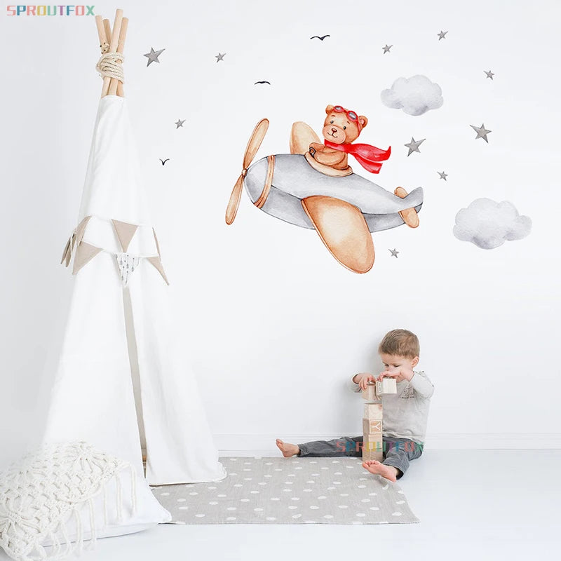 Sticker mural grand format ours et nuages