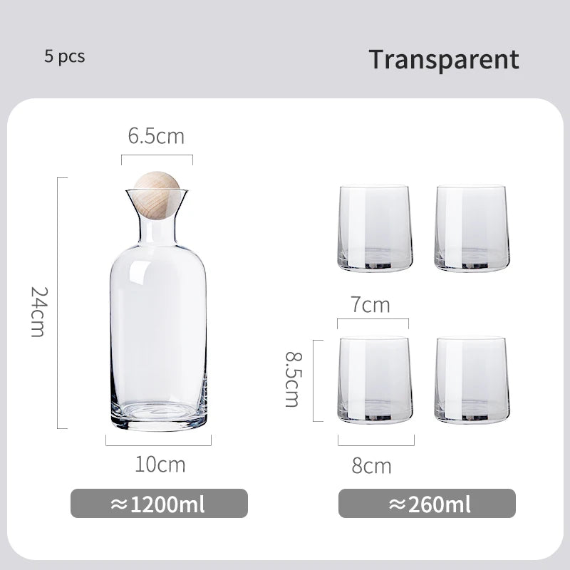 Cette image présente un ensemble de 5 articles en verre transparent, comprenant une bouteille d'environ 1200 ml et 4 verres d'environ 260 ml chacun, avec des dimensions détaillées sur l'image.
