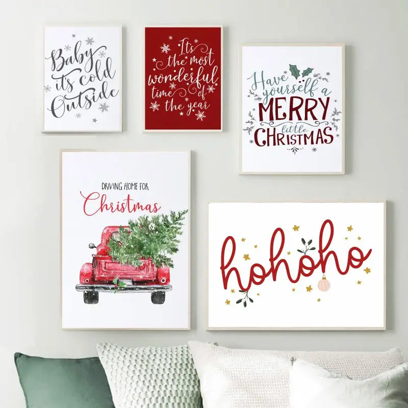 Affiche d'art mural Noël arbre joyeux sur toile rouge