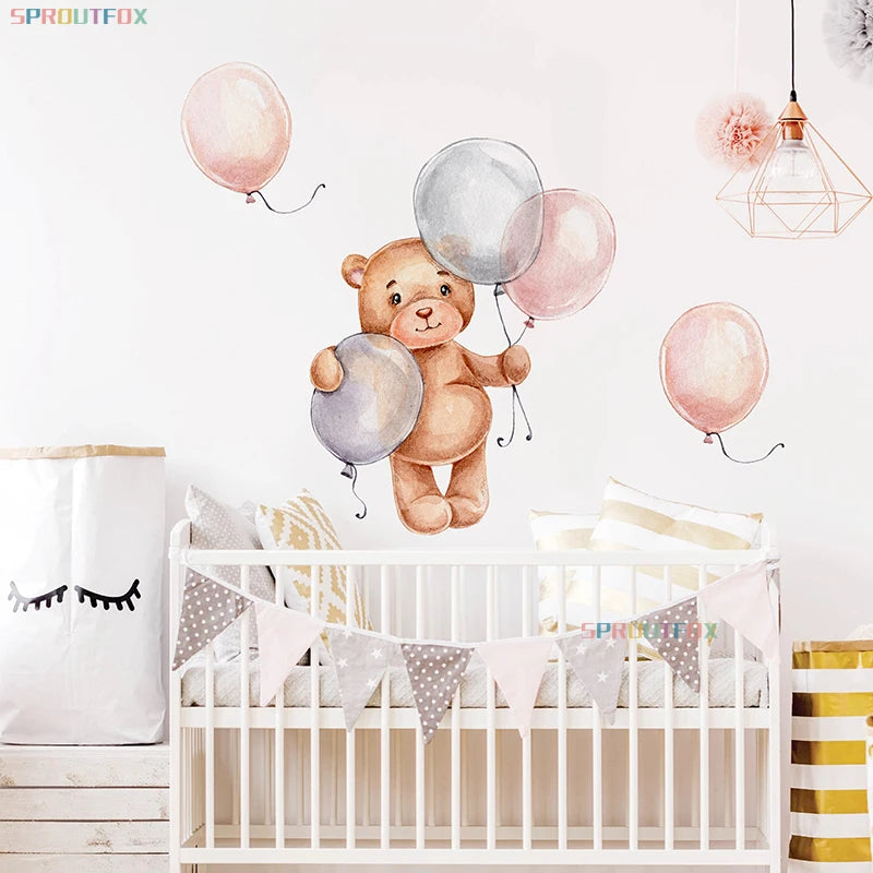Sticker mural ours brun avec ballon pour chambre bébé