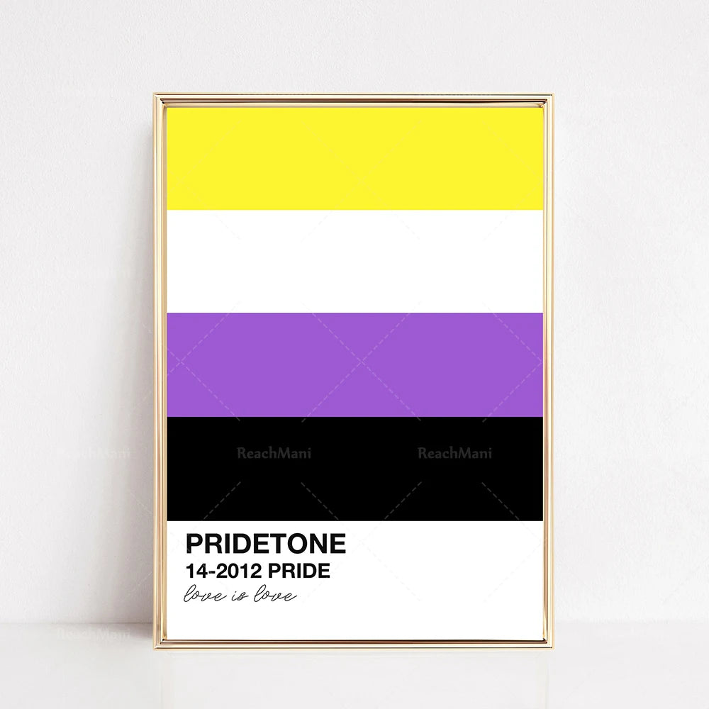 Affiche design épuré aux couleurs de la fierté arborant les logos Reachmani et l'inscription "Pridetone 14-2012 Pride, Love is Love".