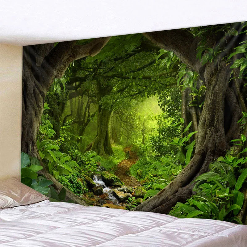 Tapisserie jungle verte décoration murale forêt naturelle