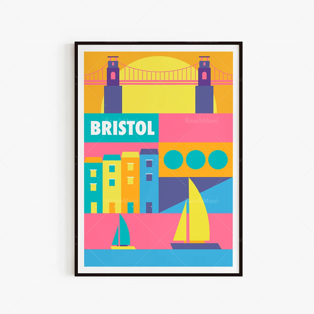L'affiche présente les principaux éléments emblématiques de la ville de Bristol, notamment le pont suspendu et les voiliers sur la mer, dans un style graphique coloré et stylisé.