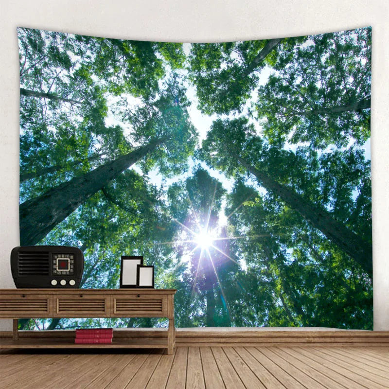 Détail du motif jungle verte sur tapisserie bohème