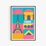 Illustration graphique colorée représentant des éléments emblématiques de Paris, notamment la Tour Eiffel, l'Arc de Triomphe et des formes géométriques.