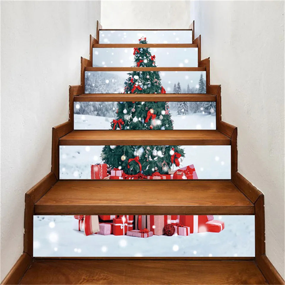 Escalier décoré avec autocollants père Noël - Ambiance chaleureuse