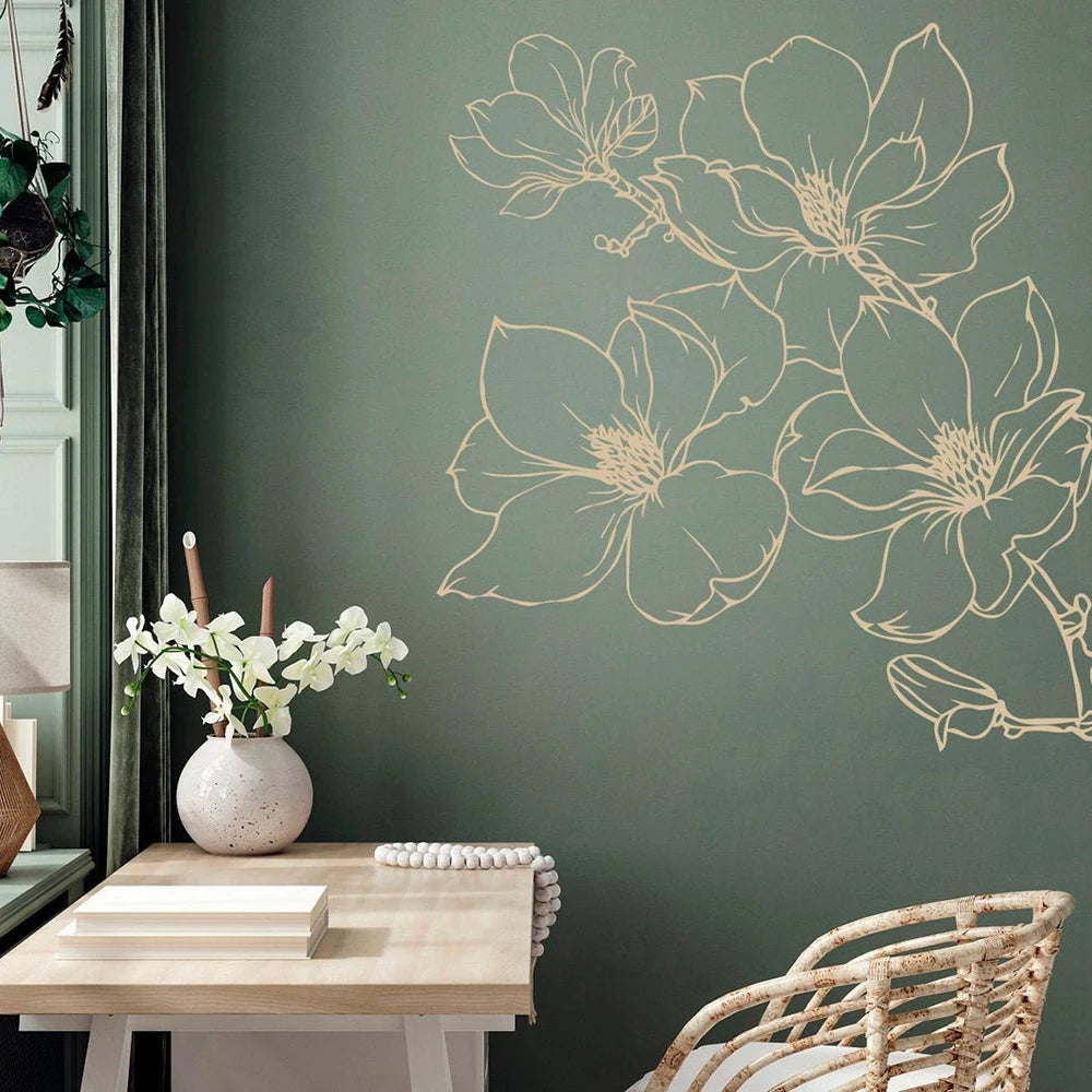 Autocollant mural fleur et plante gris clair sur mur blanc
