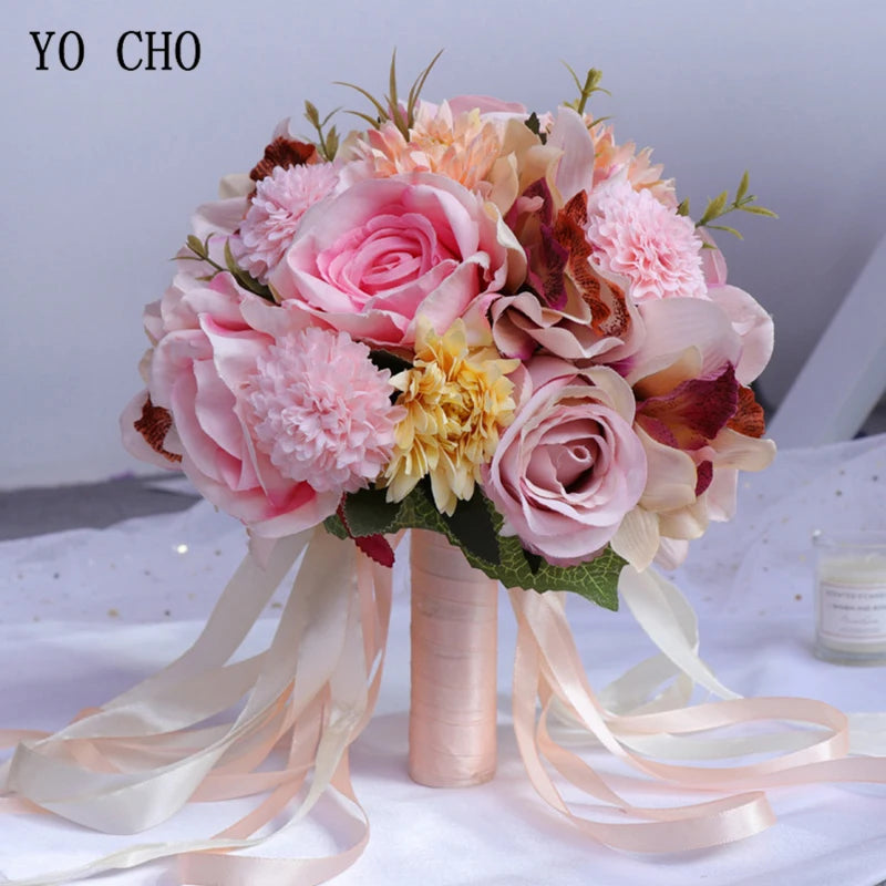 Bouquet de mariée artificiel soie rose pivoine dahlia orchidée