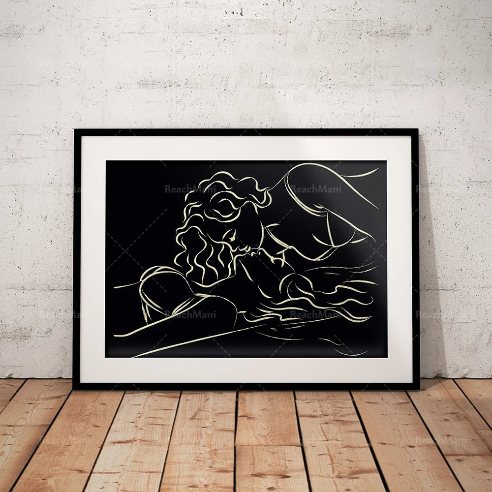 Œuvre d'art abstraite en noir et blanc mettant en scène des formes et des mouvements fluides, créant une impression de dynamisme et de fluidité.