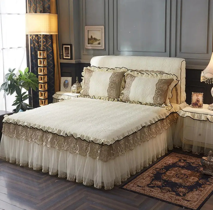 Jupe de lit en dentelle beige coton matelassé